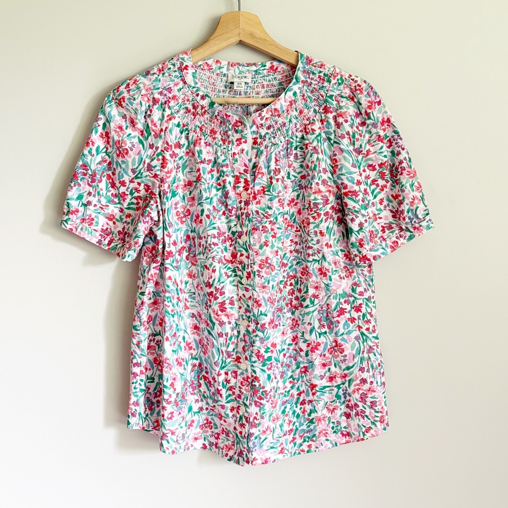 J Crew Womens Linen Blend Floral Button Up Top Size XS Smock Neck Lightweight